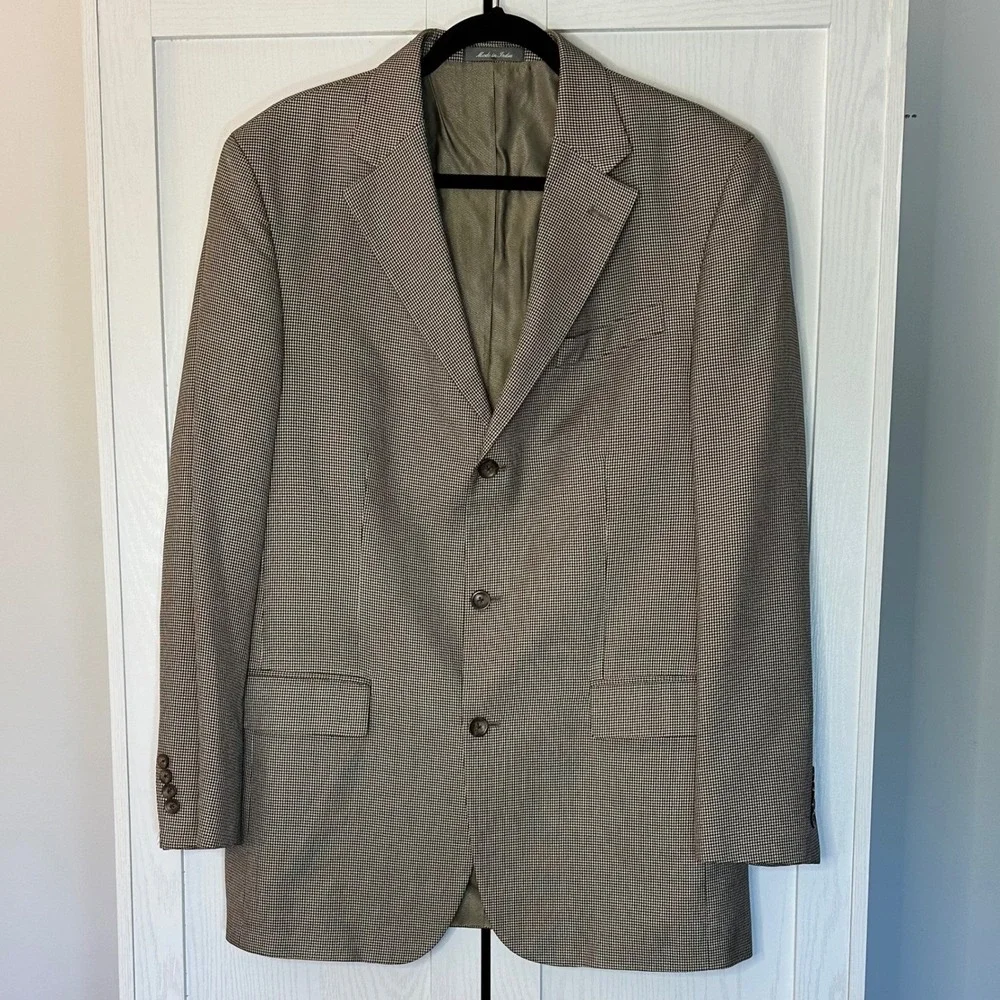 Oscar de la Renta Men's 100% Silk Beige Brown Houndstooth Blazer Size‎ 40 Long